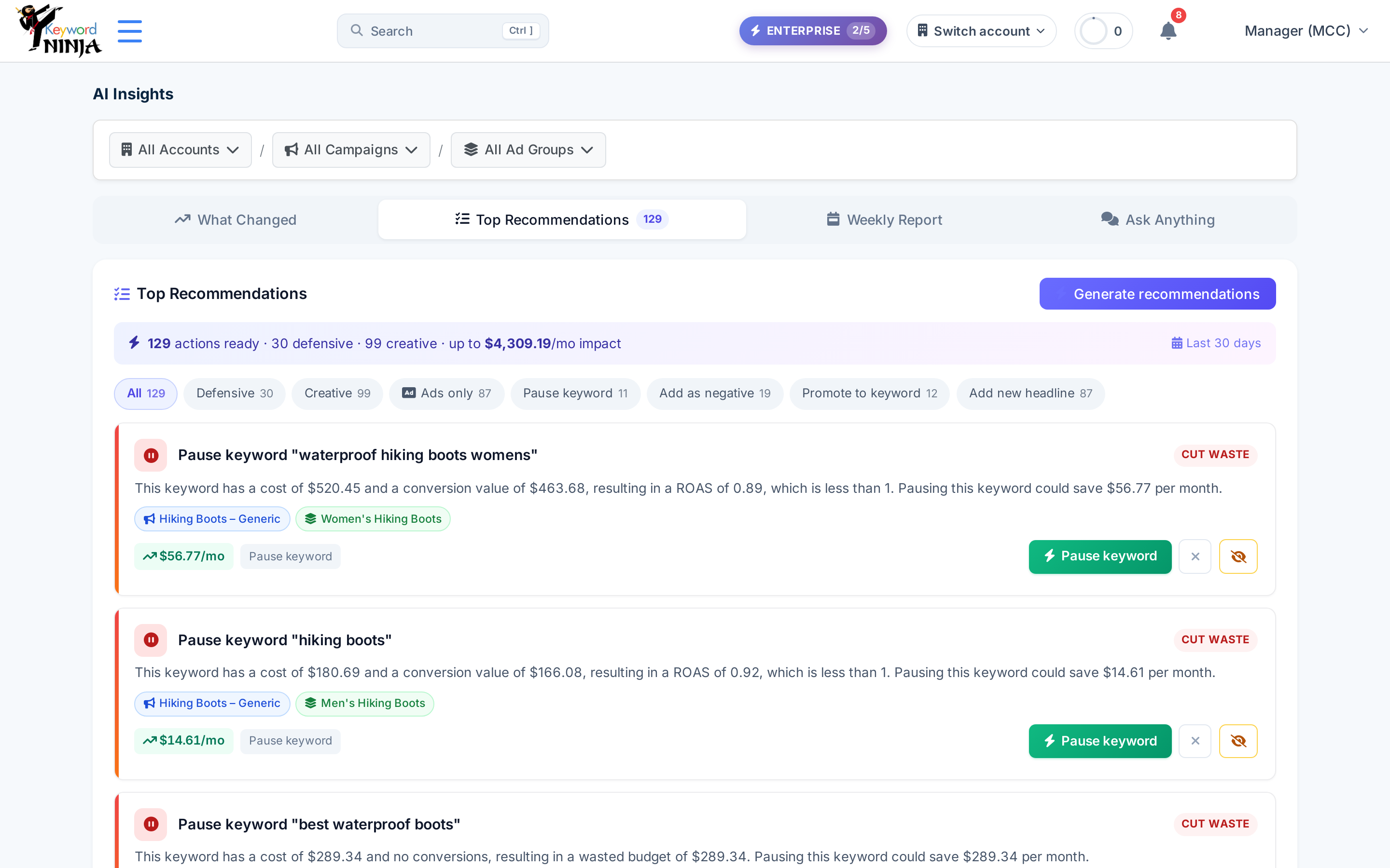Keyword Ninja AI recommendations: 129 prioritized actions worth up to $4,309 per month, each with a one-click apply button