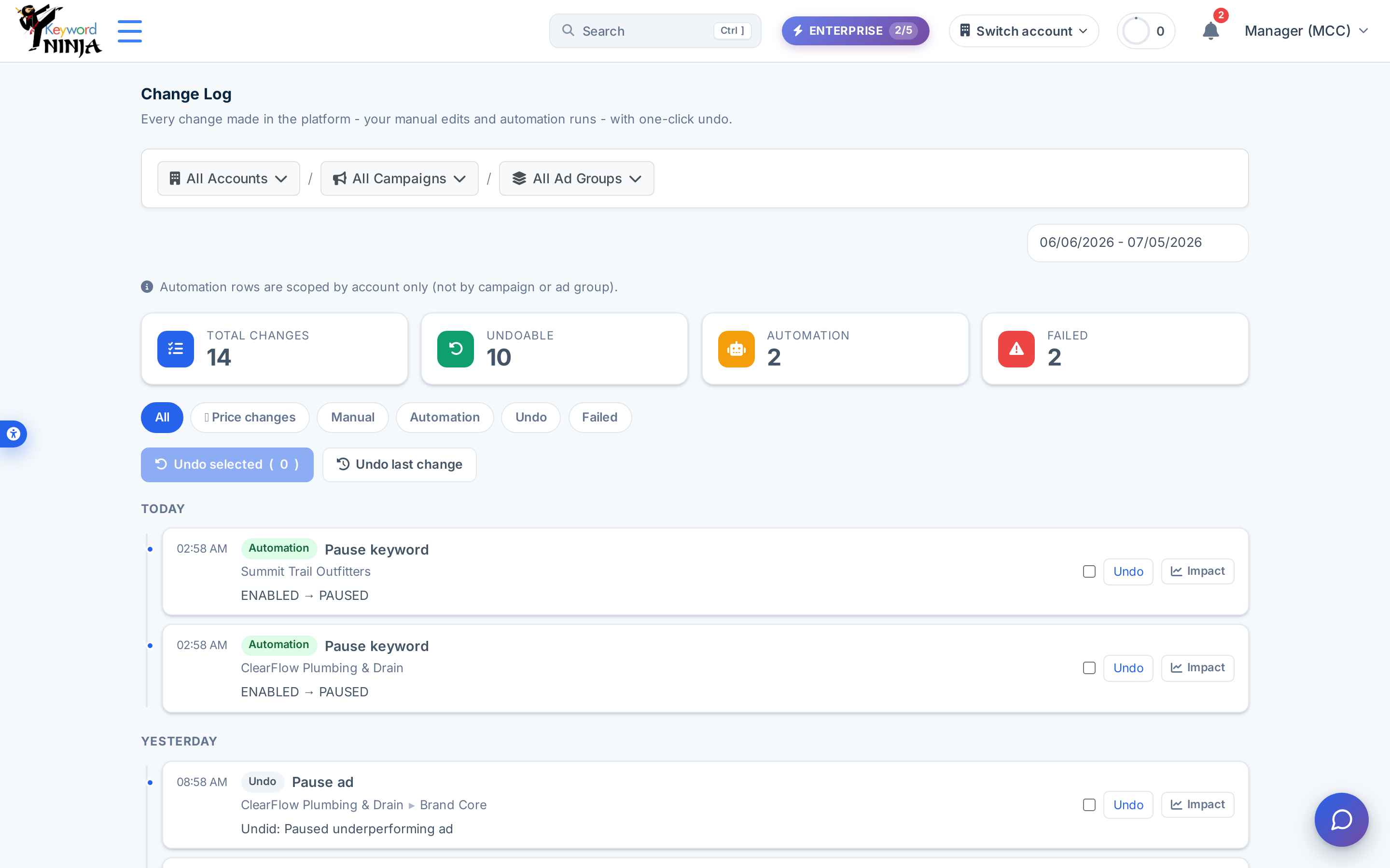 Change Log timeline: stats tiles (Total changes 14, Undoable 10, Automation 2, Failed 2), filter chips, bulk-undo bar, and day-grouped rows with Automation and Undo badges showing status transitions