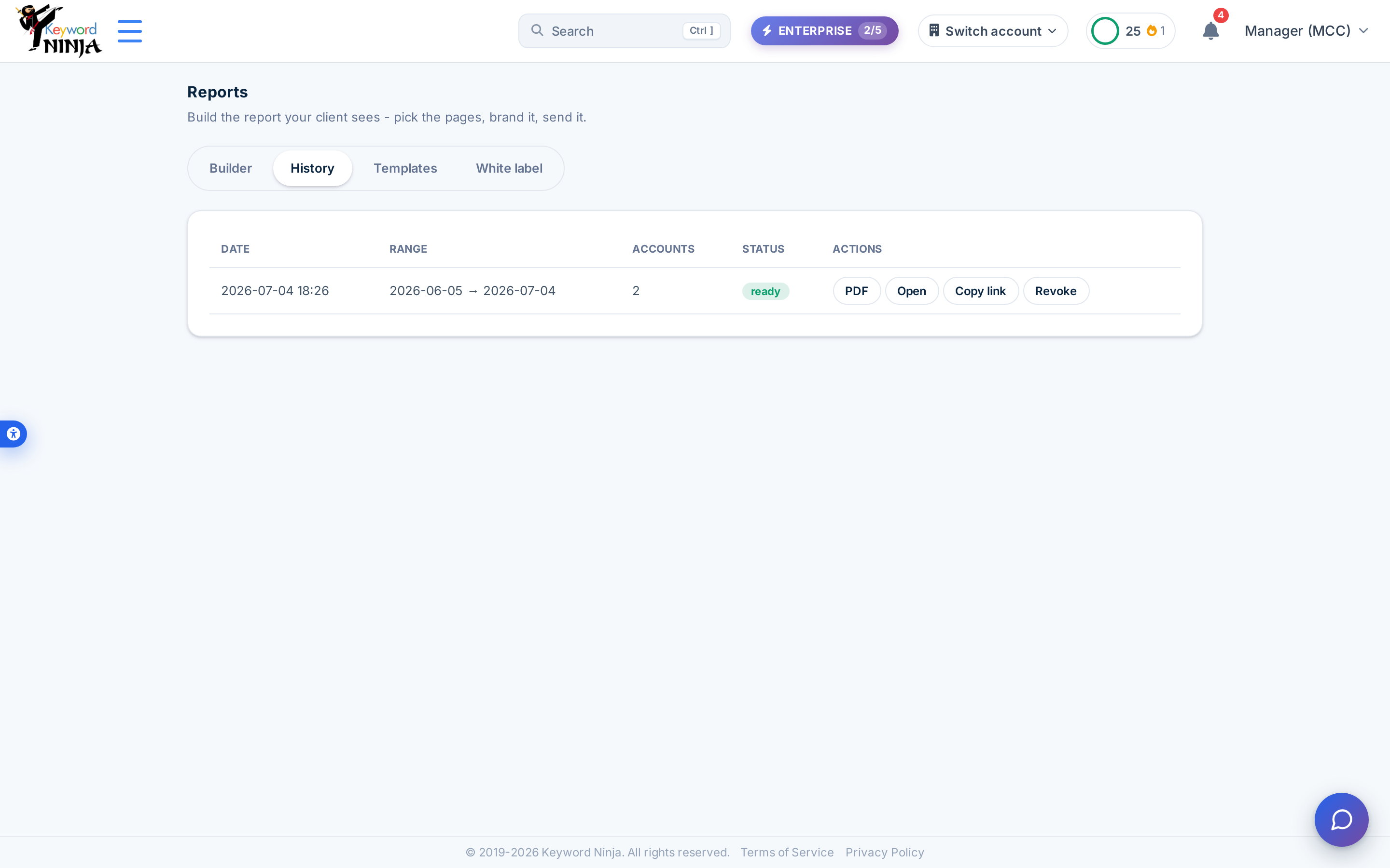 Report history table with a ready report and PDF / Open / Copy link / Revoke actions