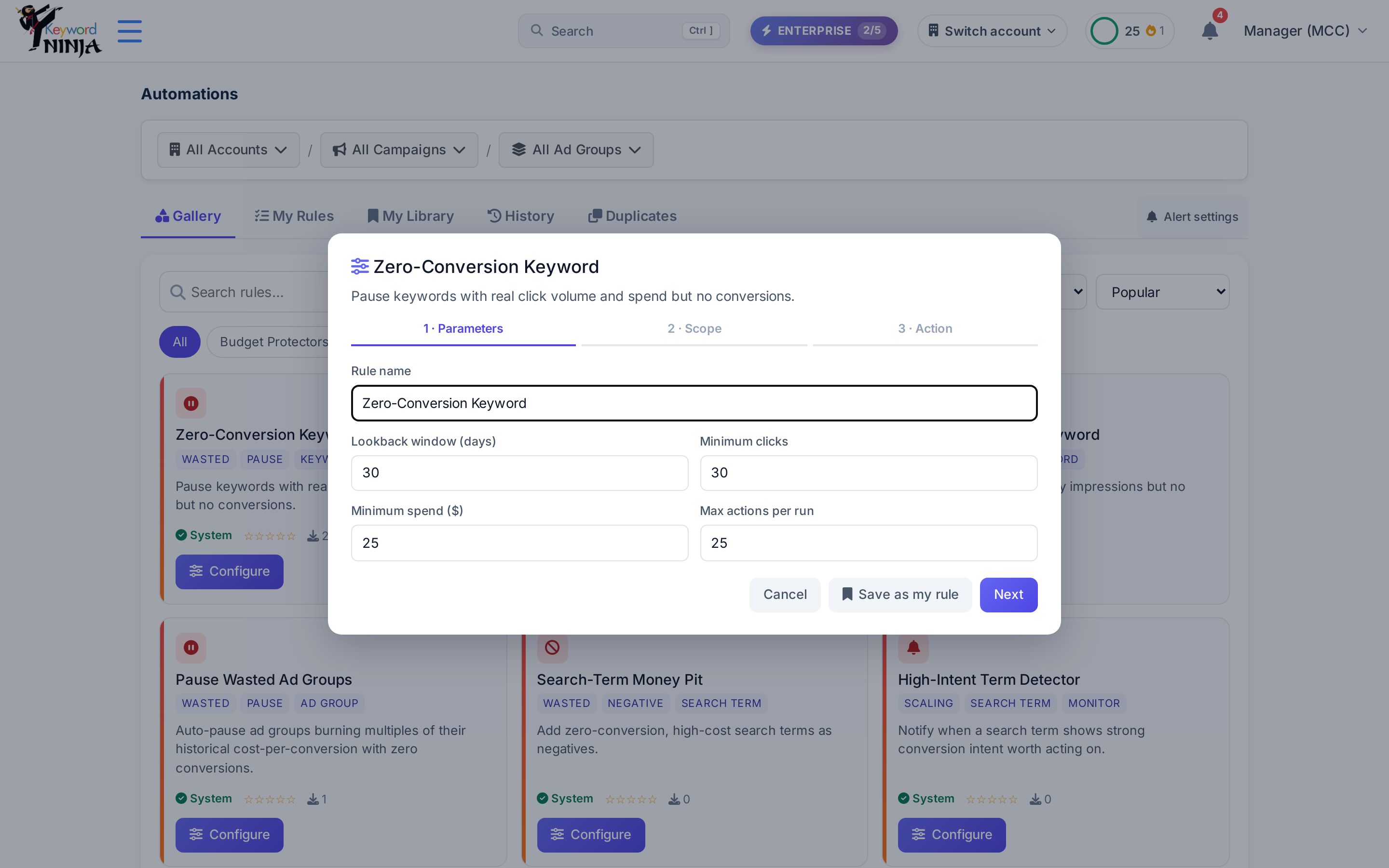 Rule configuration wizard, step 1: name and condition parameters for the Zero-Conversion Keyword template