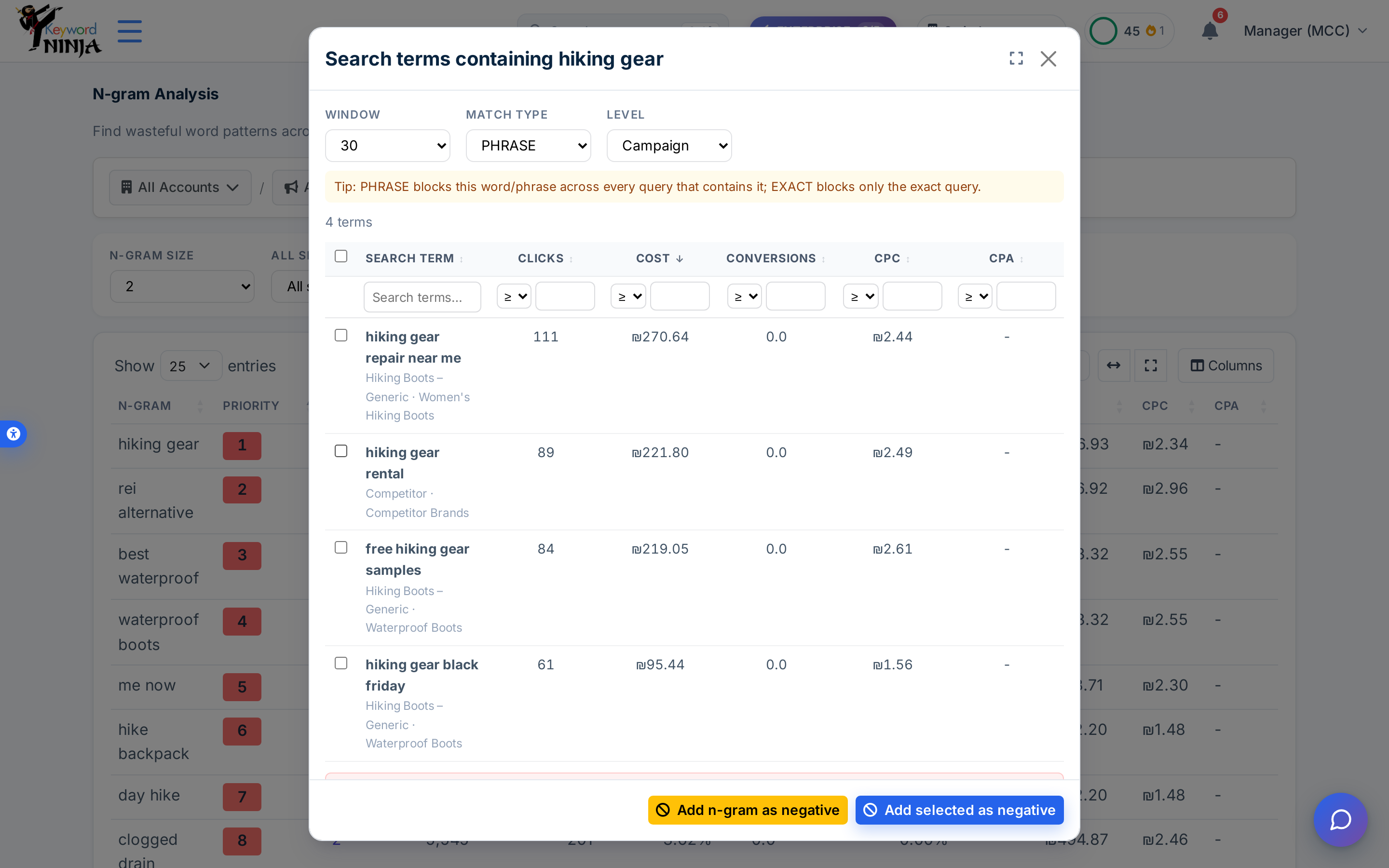 Search terms containing "hiking gear" modal: Window/Match Type/Level controls, a PHRASE-vs-EXACT tip banner, and a 4-row term table with checkboxes