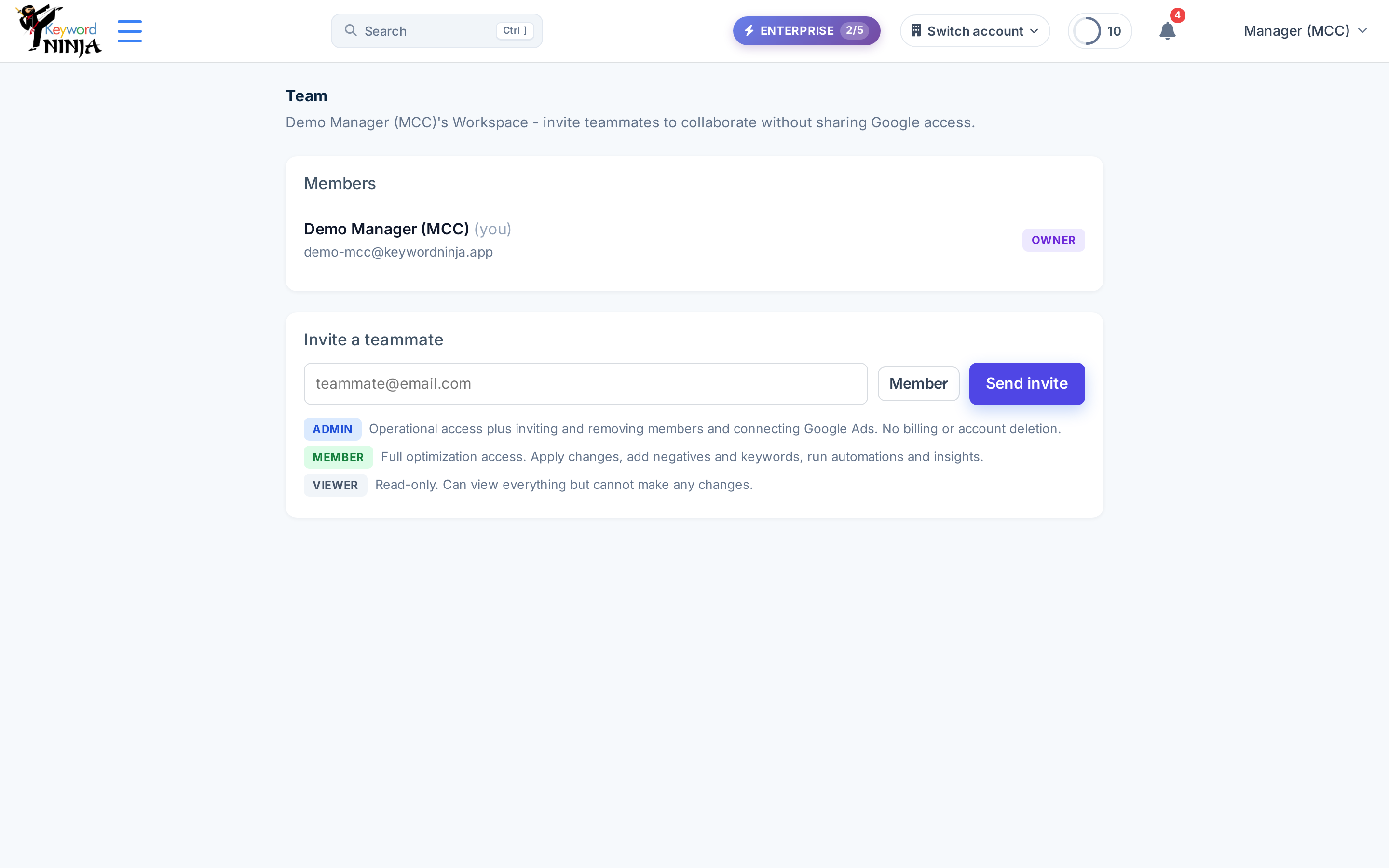 Team page: Members card showing the workspace owner, and the Invite a teammate form with role descriptions