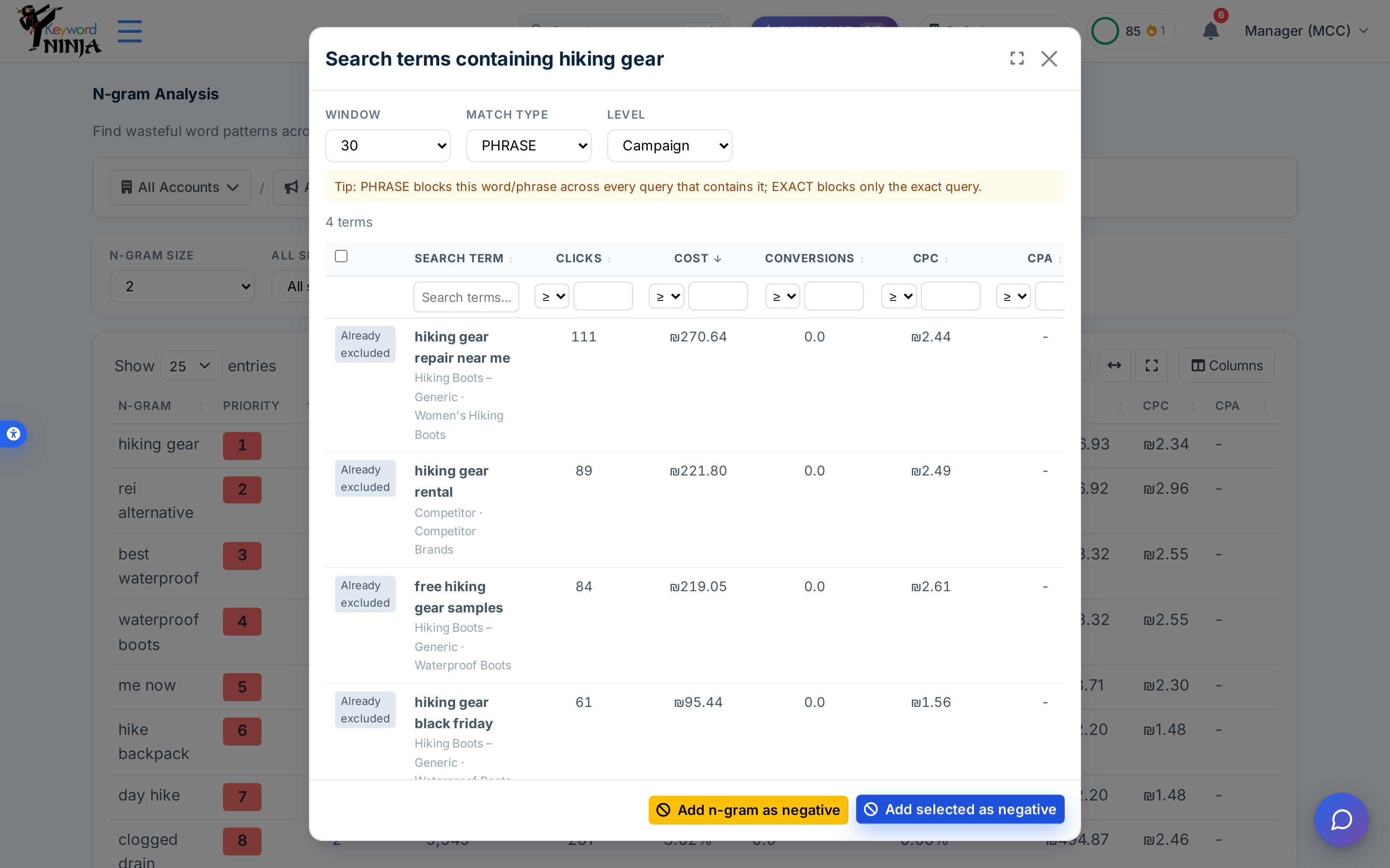 Same modal after adding: all 4 search terms now show an "Already excluded" badge