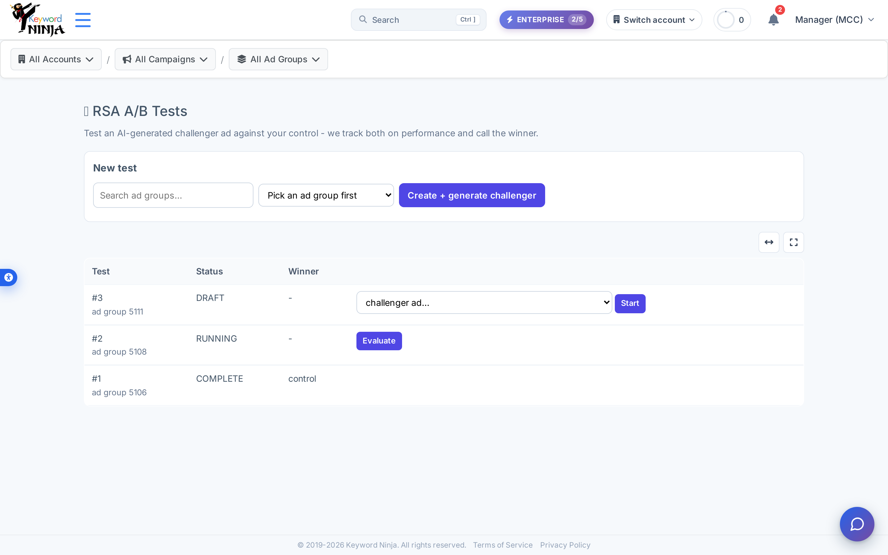RSA A/B Tests table: three tests spanning the full lifecycle - #3 DRAFT with a challenger-ad picker and Start button, #2 RUNNING with an Evaluate button, #1 COMPLETE with winner "control"