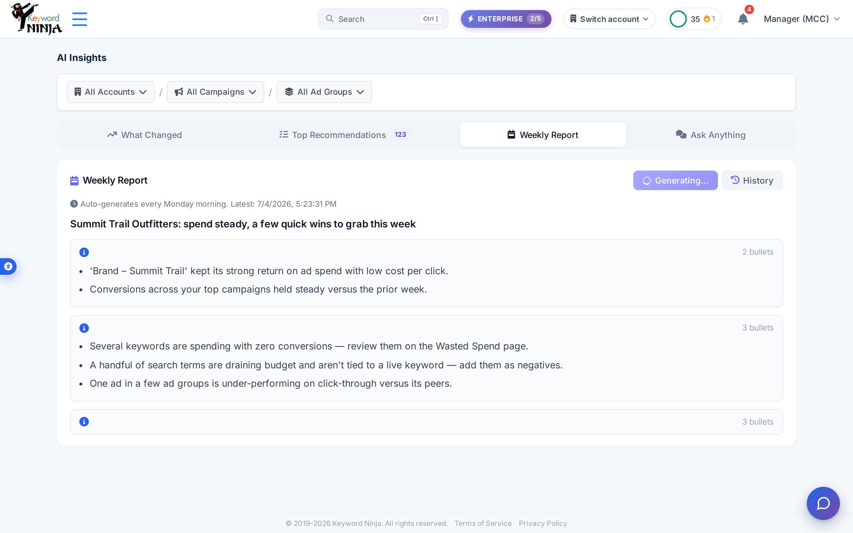 Weekly Report: a headline and grouped bullet points comparing this week to last, still generating