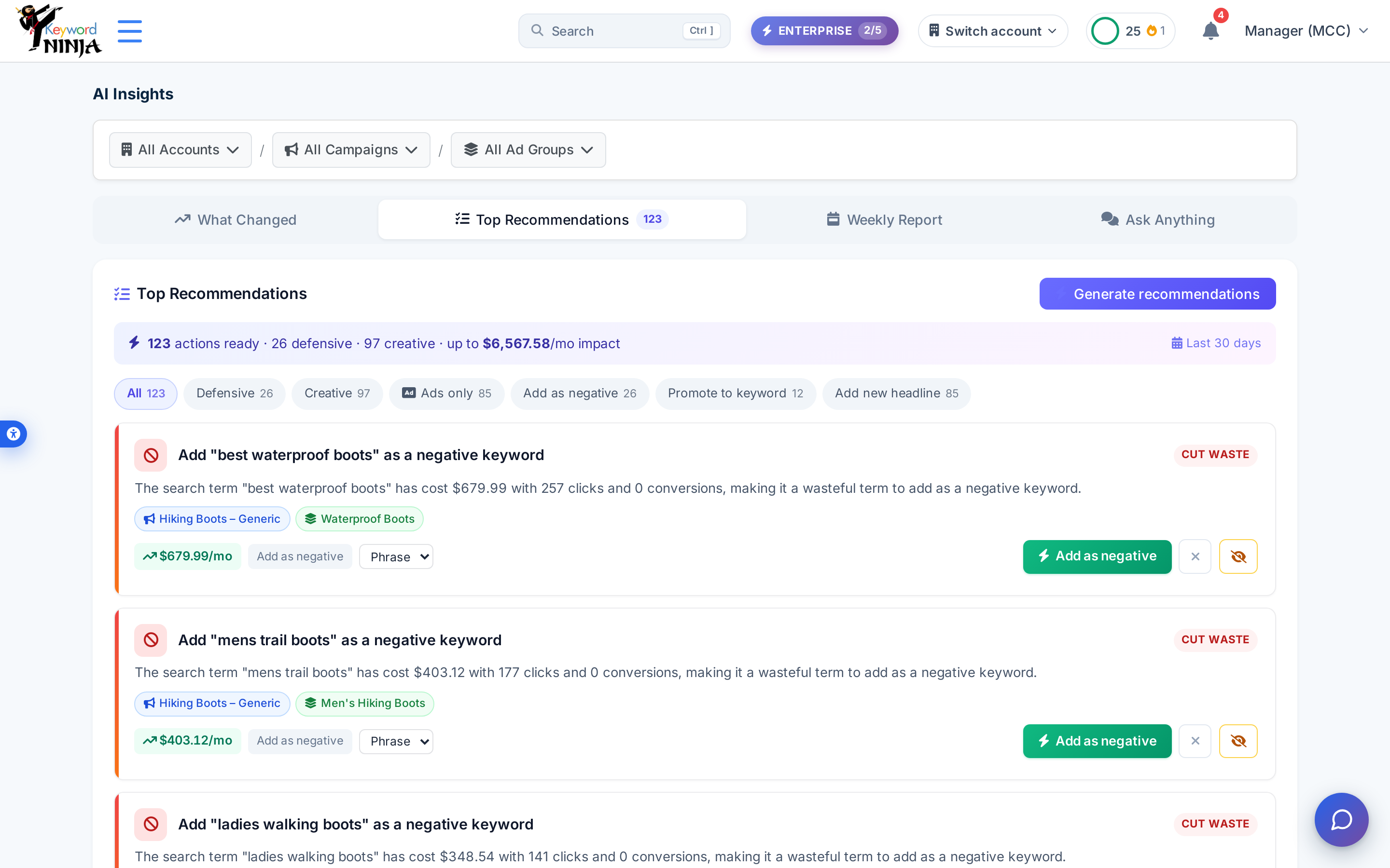 Top Recommendations: 123 ranked actions with cost/click evidence and dollar impact, filterable by type