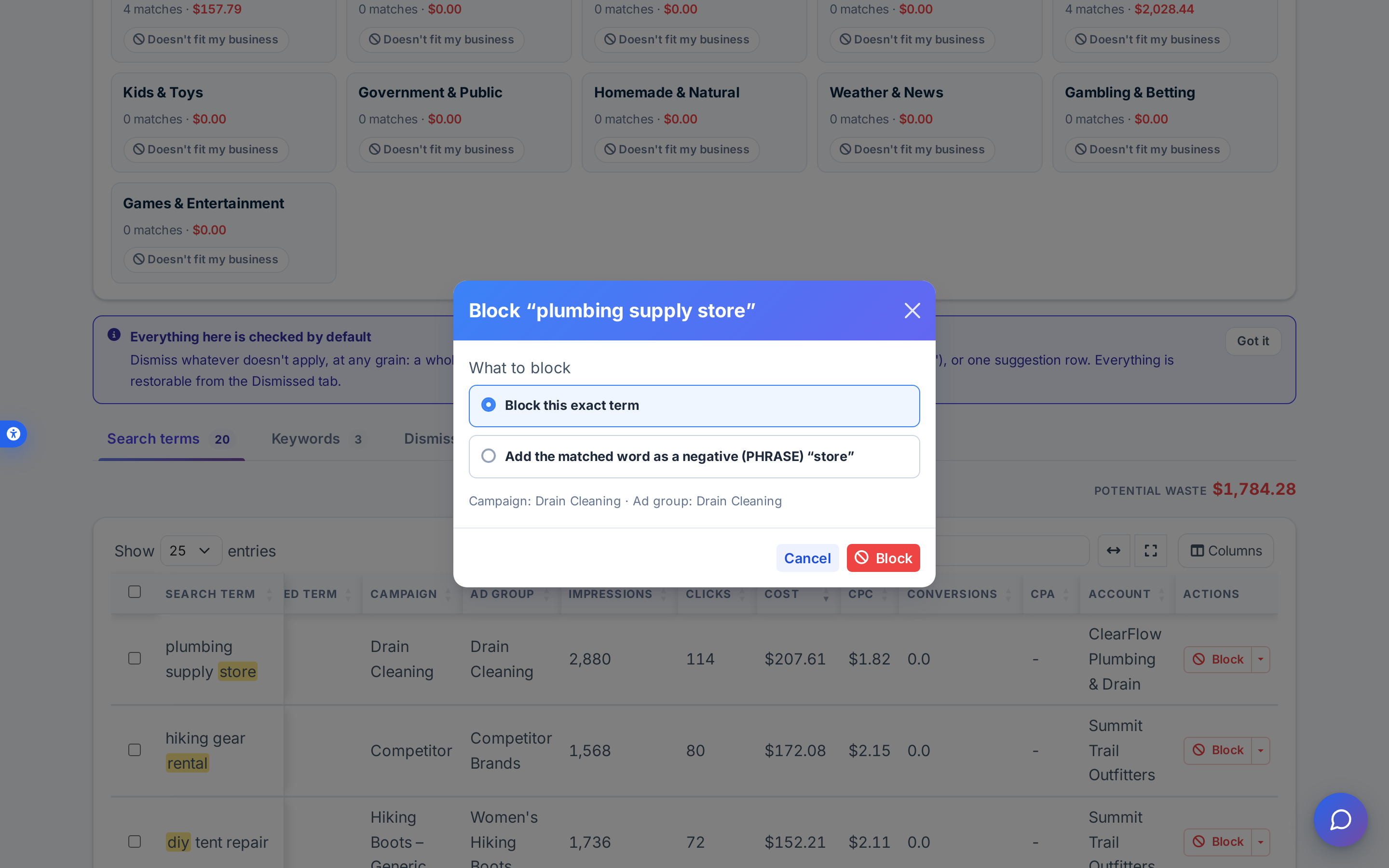 The Block confirmation modal for a search term, showing the choice between blocking the exact term or adding the matched word as a phrase negative, and the campaign and ad group the negative will be added to