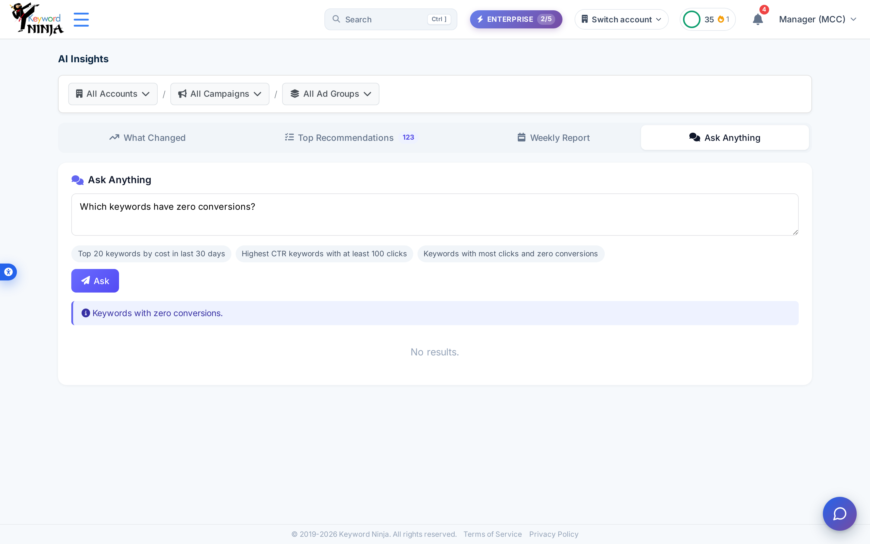Ask Anything: a typed question, the restated query interpretation, and a results area