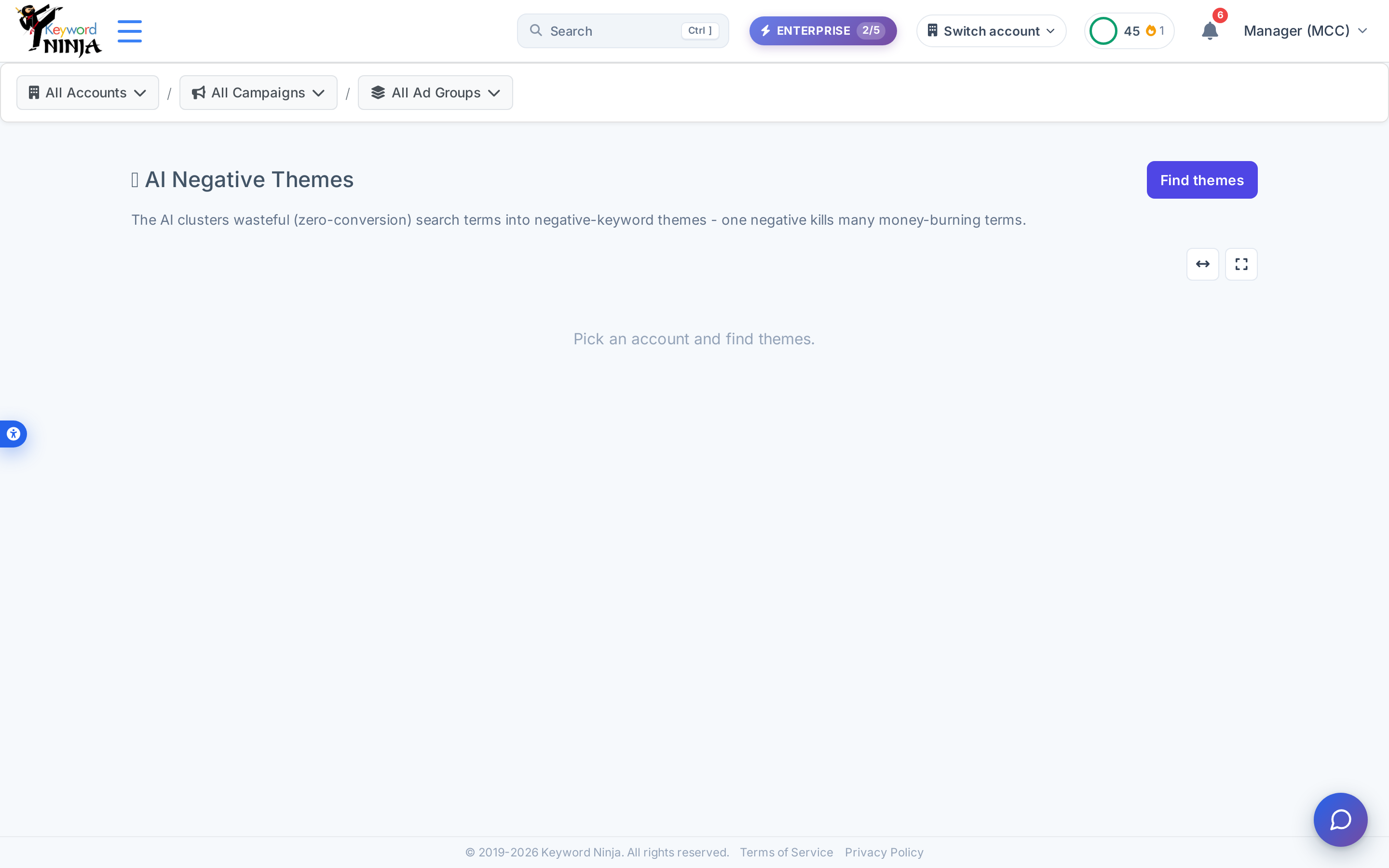 AI Negative Themes page before running: title, subtitle, and "Pick an account and find themes"