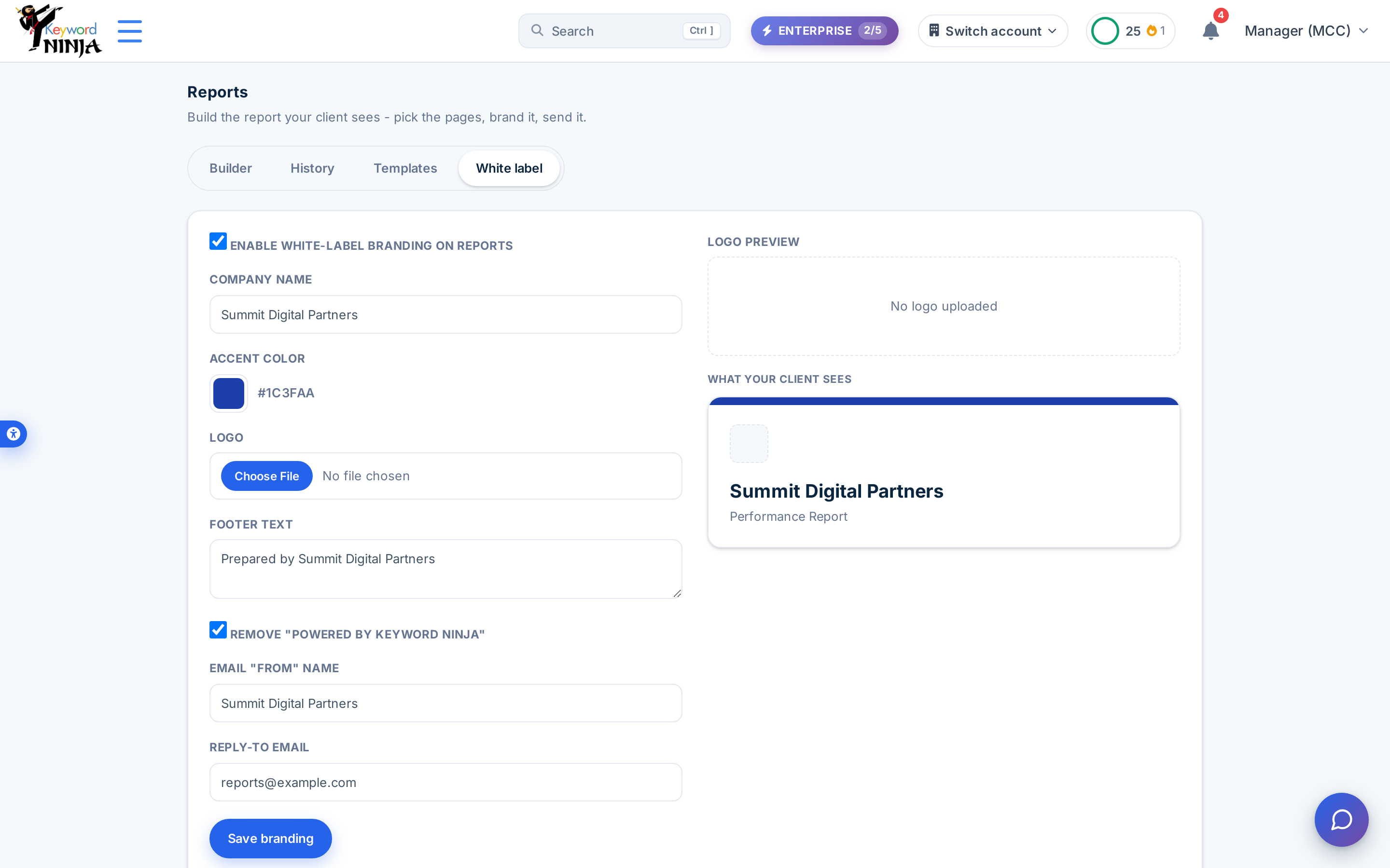 White-label settings form with company name, accent color, logo upload, and a live cover-page preview