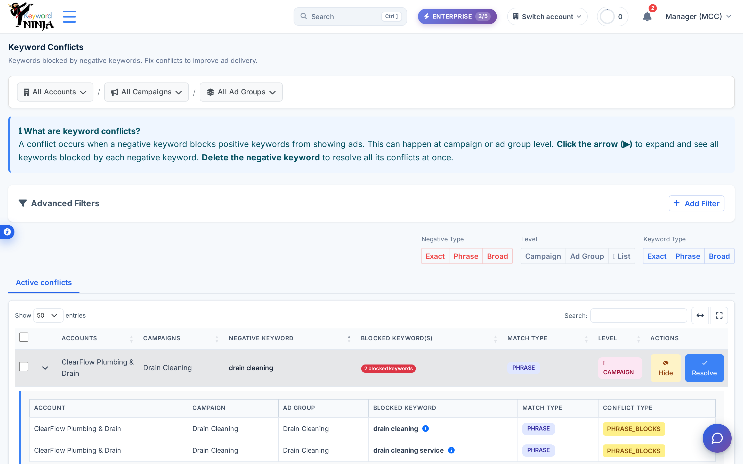 Expanded "drain cleaning" row: child table showing both blocked keywords "drain cleaning" and "drain cleaning service," each tagged PHRASE_BLOCKS