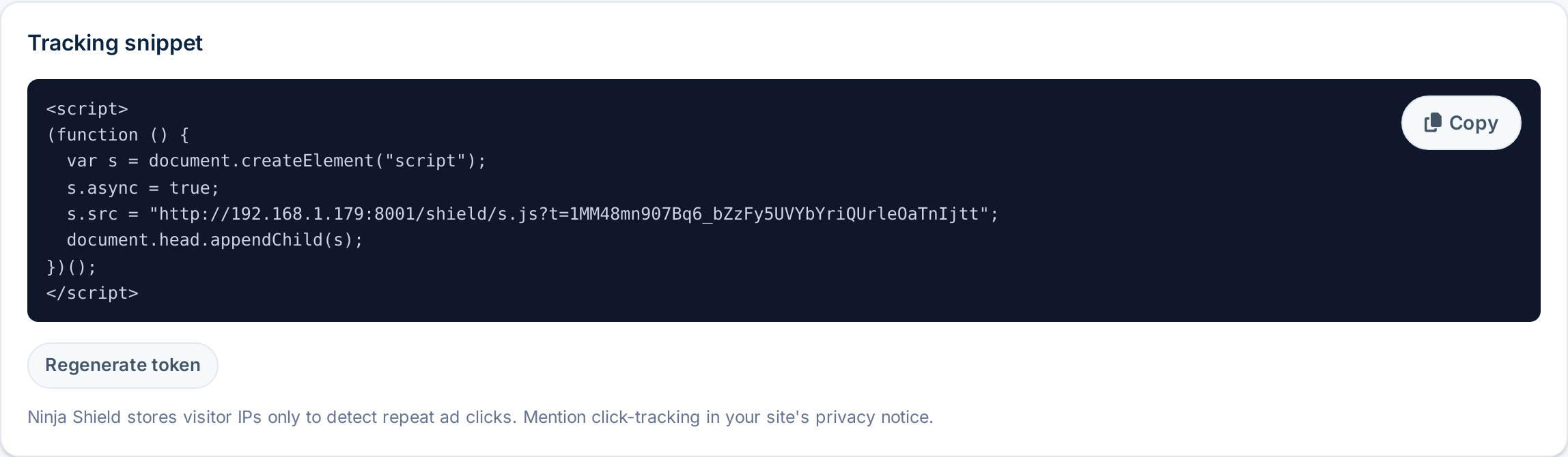 Tracking snippet card, with the paste-before-</body> script and a Copy button