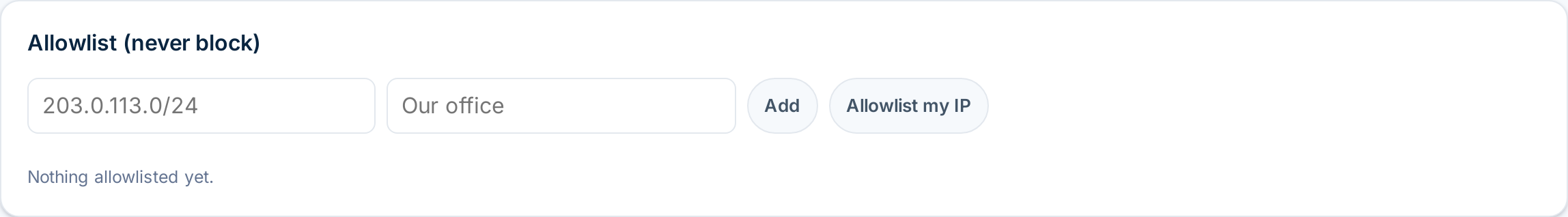 Allowlist card with a CIDR input, a label, and an Allowlist my IP button