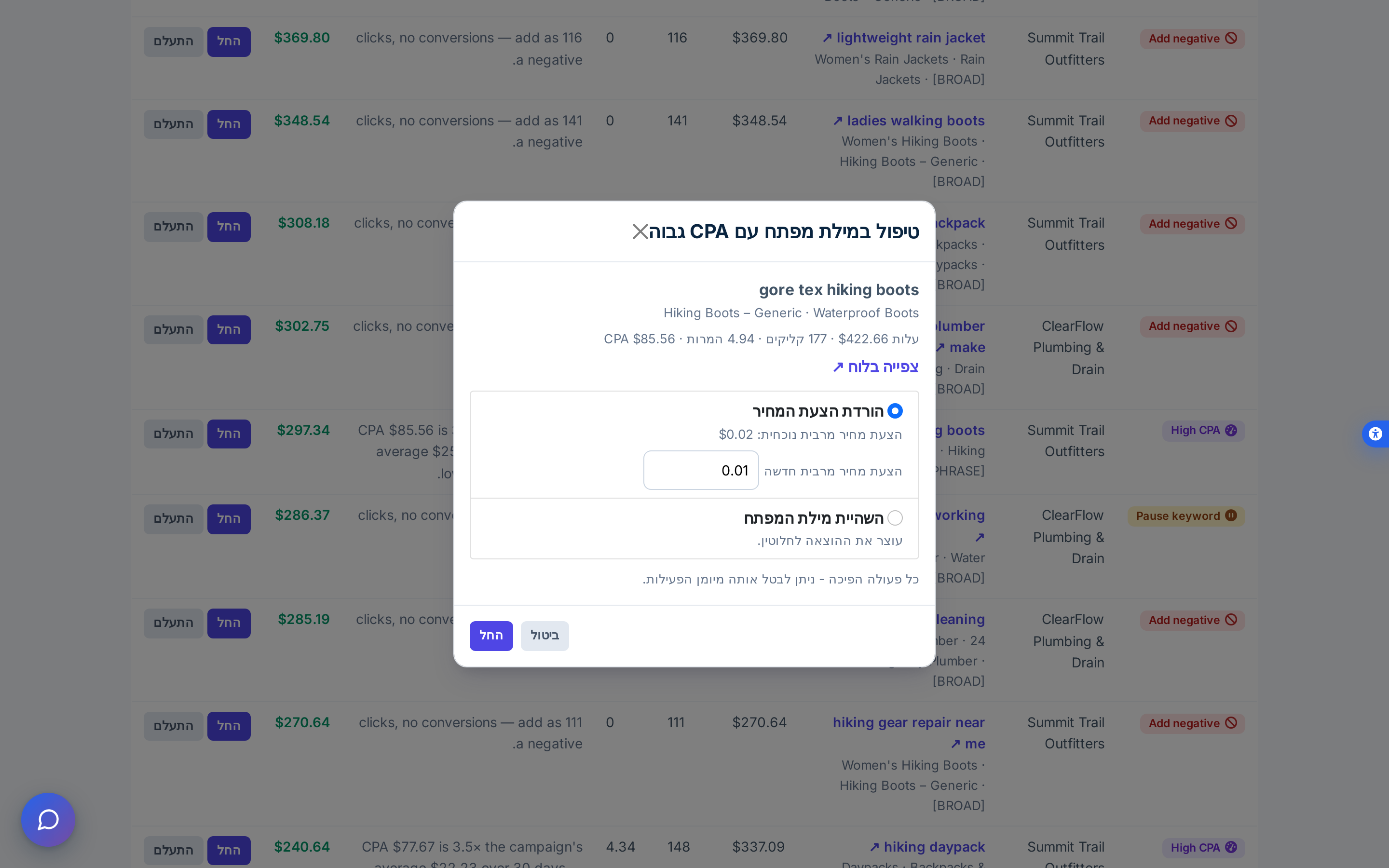 חלון טיפול במילת מפתח עם CPA גבוה: הקשר מילת המפתח, ובחירה בין הורדת הצעת המחיר לבין השהייתה