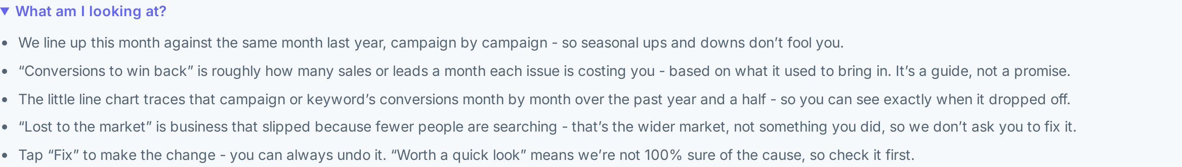 Expanded explainer: how the comparison works, what "conversions to win back" and "lost to the market" mean, and how Fix works