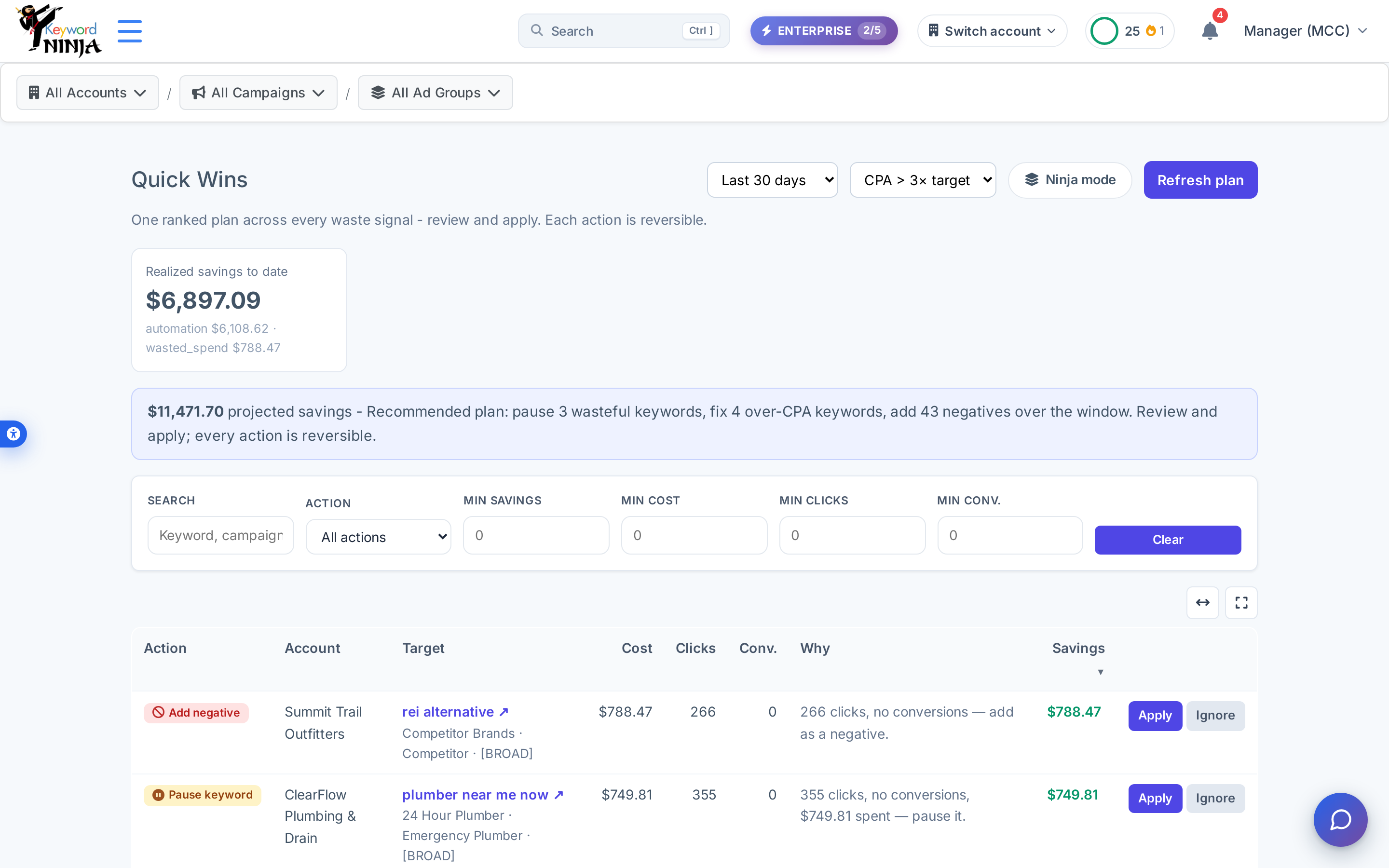 Quick Wins plan table: filters, a recommended-plan summary, and ranked rows with Apply/Ignore