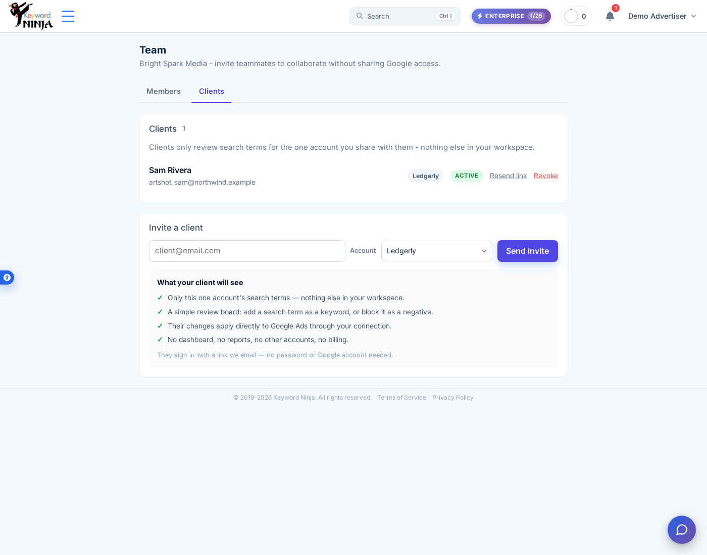 The Clients tab and Invite a client form on the Team page