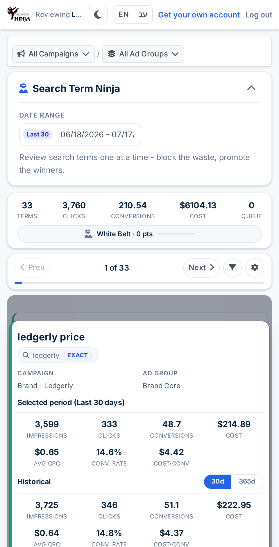 A search term card on the client review board