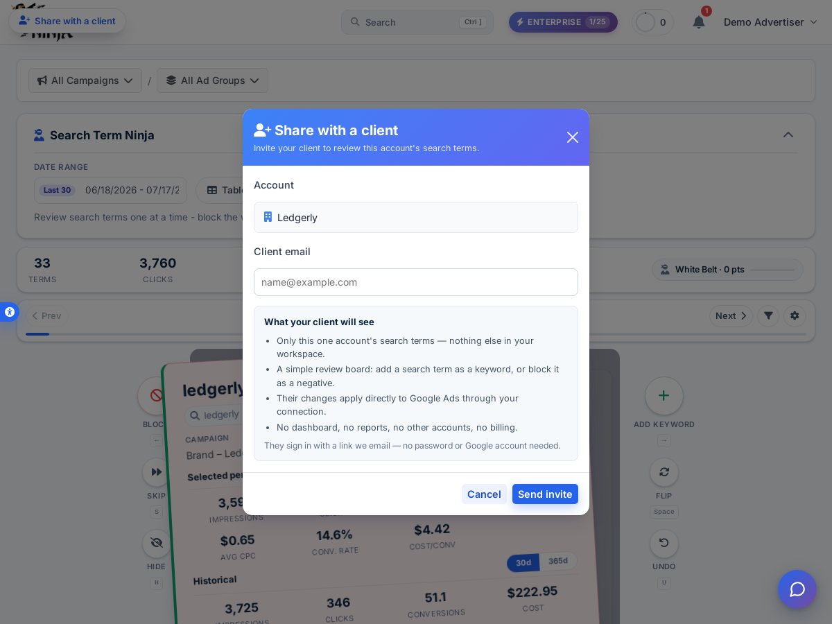 The Share with a client modal on the review board