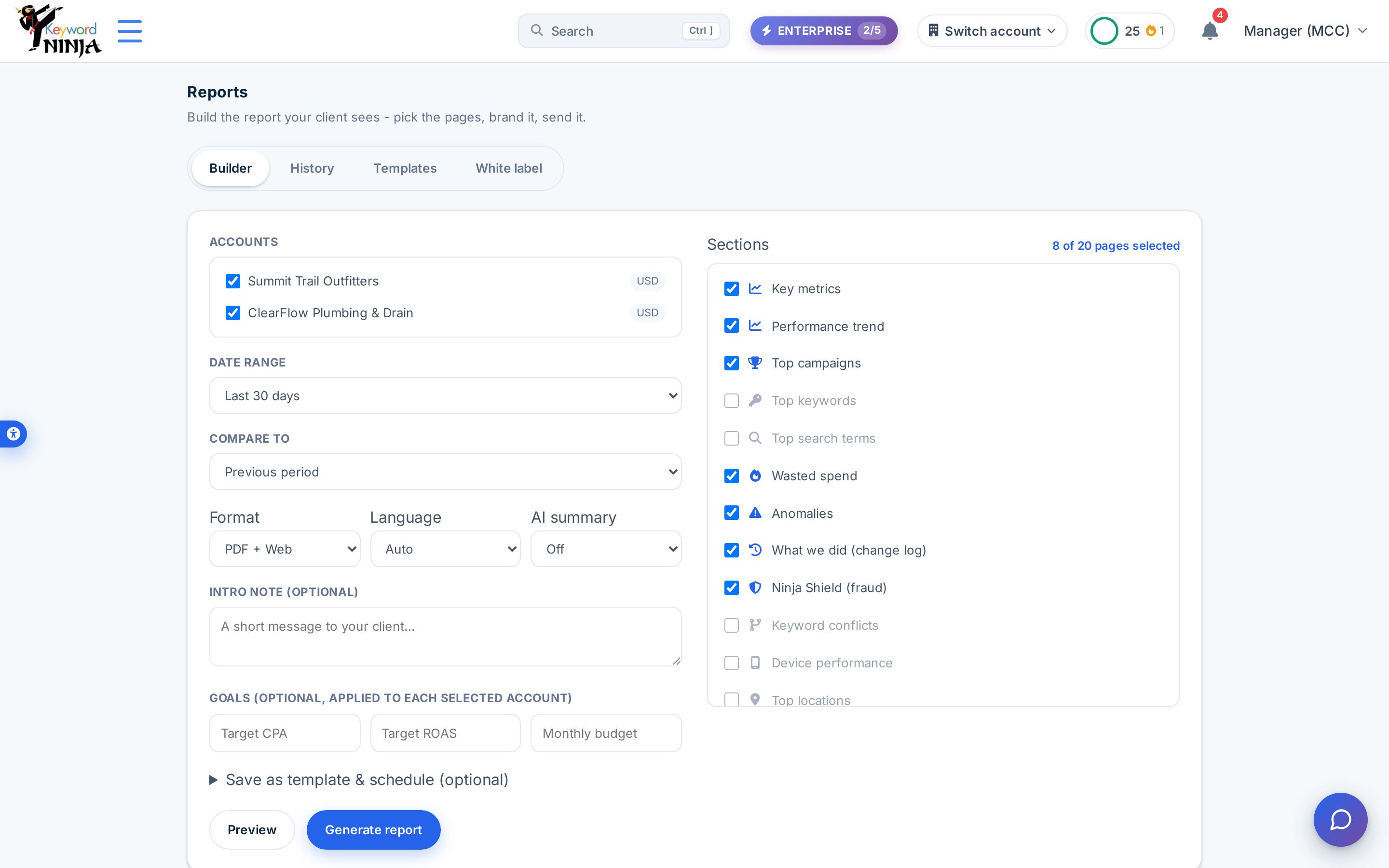 Report builder: accounts, date range, format/language, and a 20-page section checklist