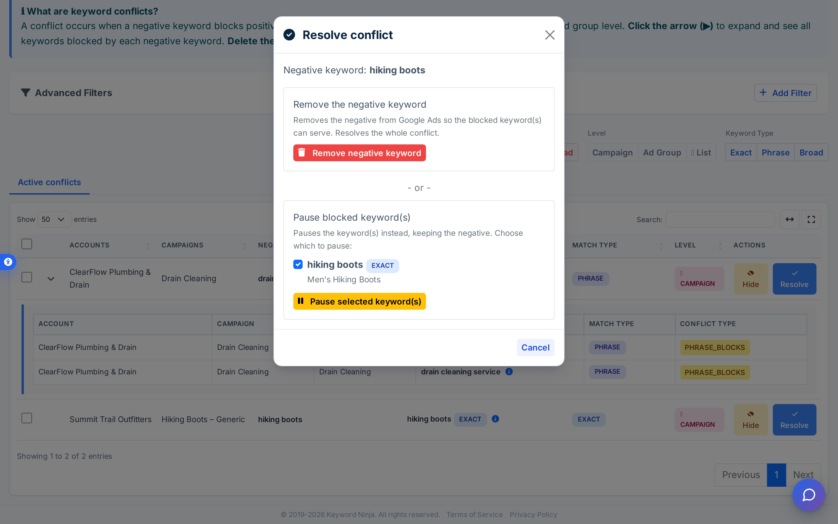 Resolve conflict modal for "hiking boots": Remove negative keyword button, or Pause blocked keyword(s) with a per-keyword checkbox