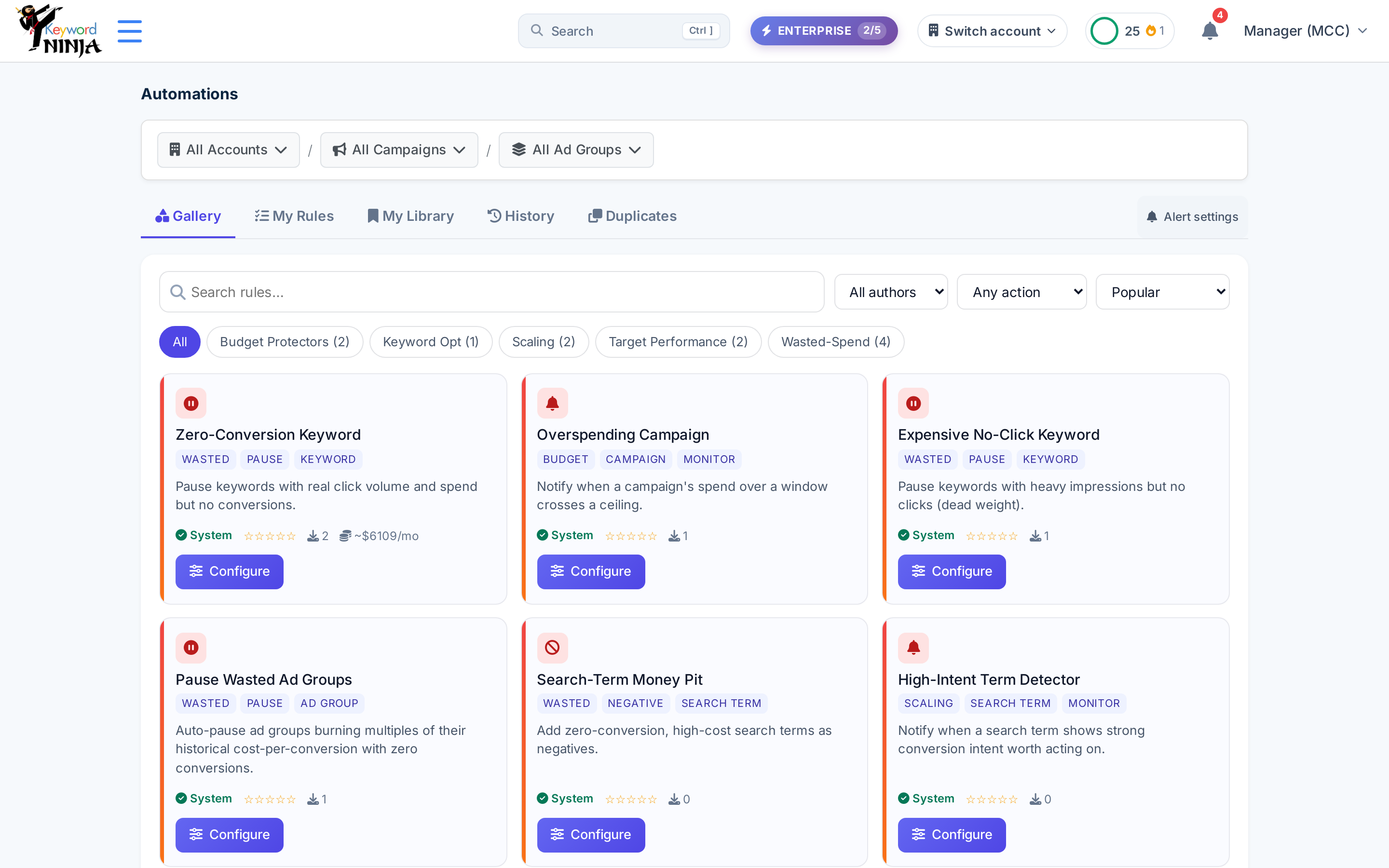 Automations Gallery: searchable rule template cards grouped by category