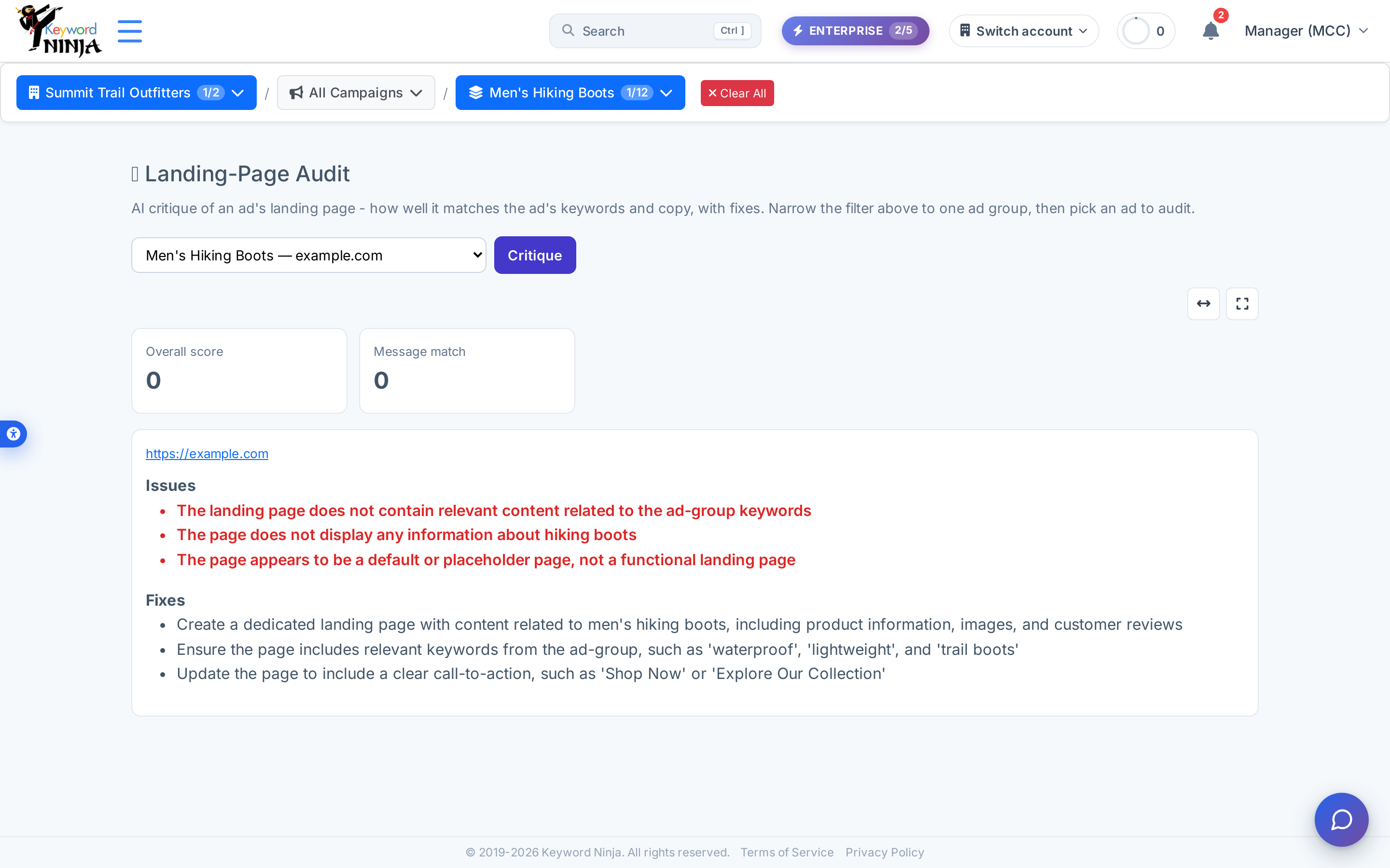 Audit result for a mismatched page: Overall score 0, Message match 0, three Issues (no relevant content, no info about hiking boots, looks like a placeholder page) and three Fixes (build a dedicated page, add relevant keywords, add a CTA)